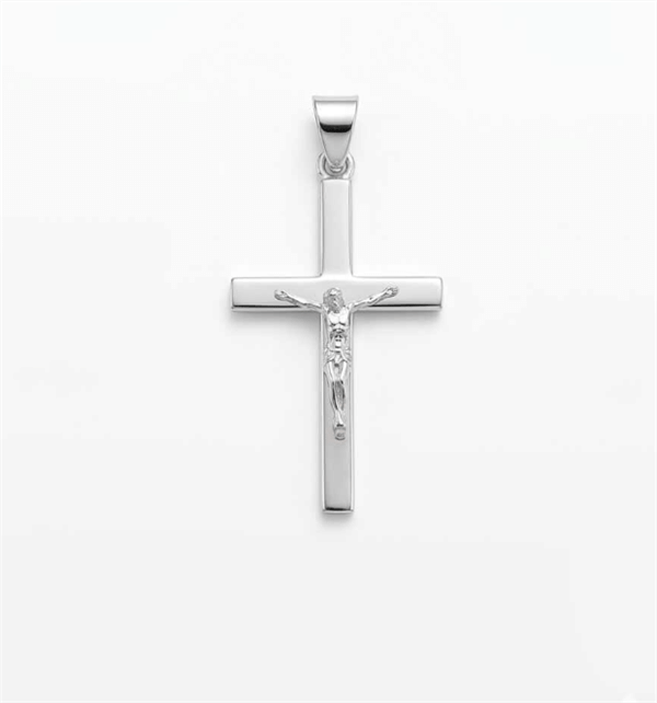 Bredt stolpe kors med Jesus fra BNH i blank sterling sølv, Mellem - 17 x 27 mm